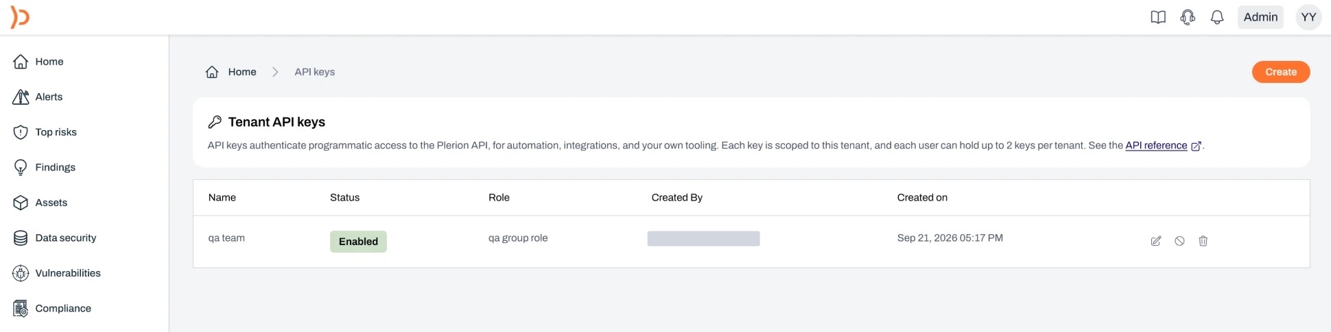 The tenant API keys list with the Create button