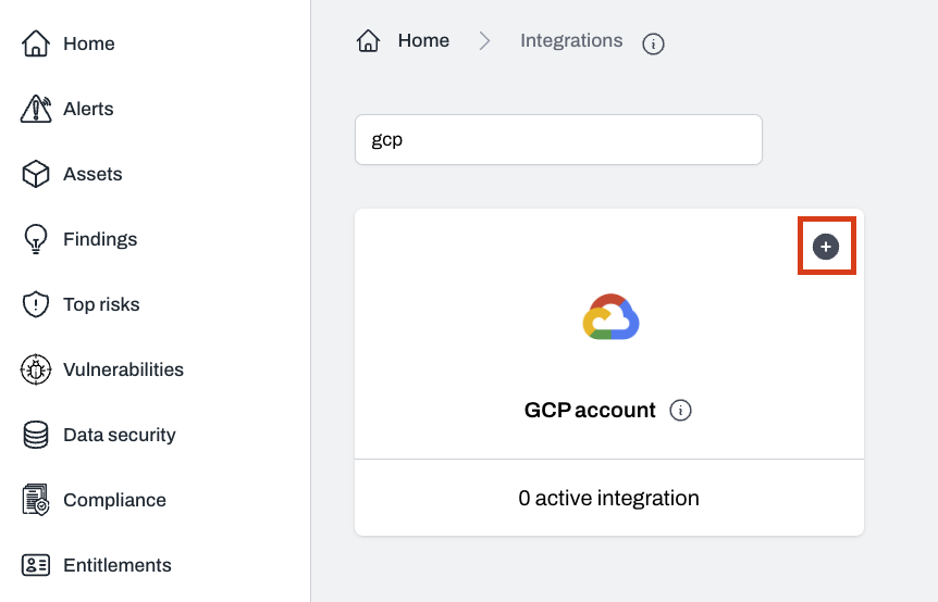 Integrations page with GCP account option and plus button to add integration