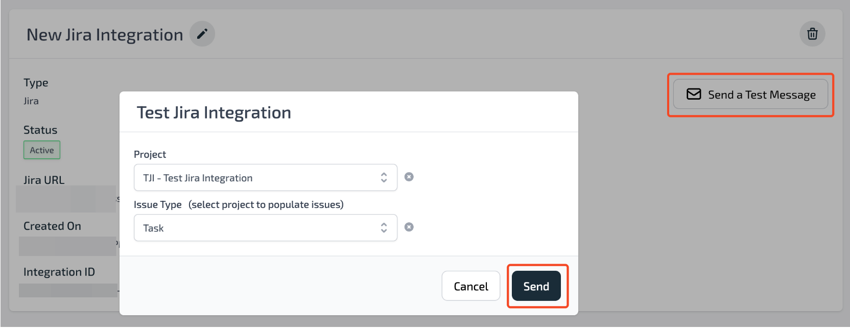 Test issue configuration screen for Jira integration