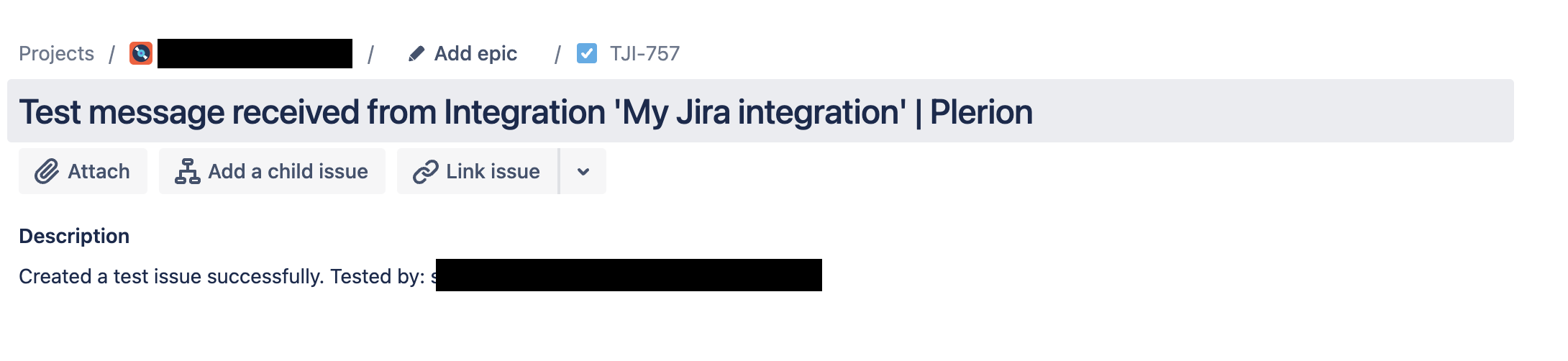 Example Jira test issue created from Plerion