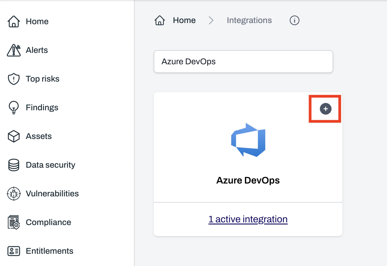 Integrations page showing Azure DevOps tile with plus button