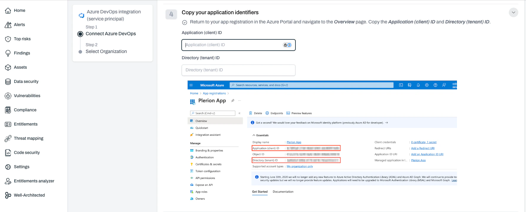 Application ID and Directory ID fields in Plerion Azure DevOps setup