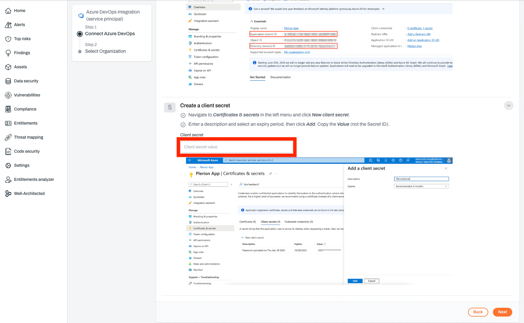 Client secret field and Next button in Plerion Azure DevOps setup