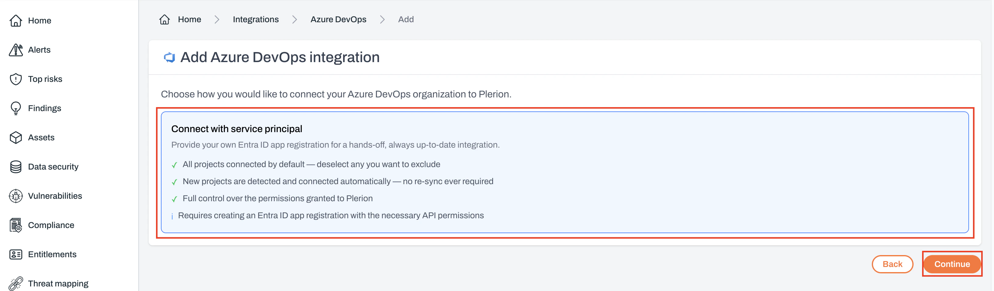 Connection options screen with Service Principal selected