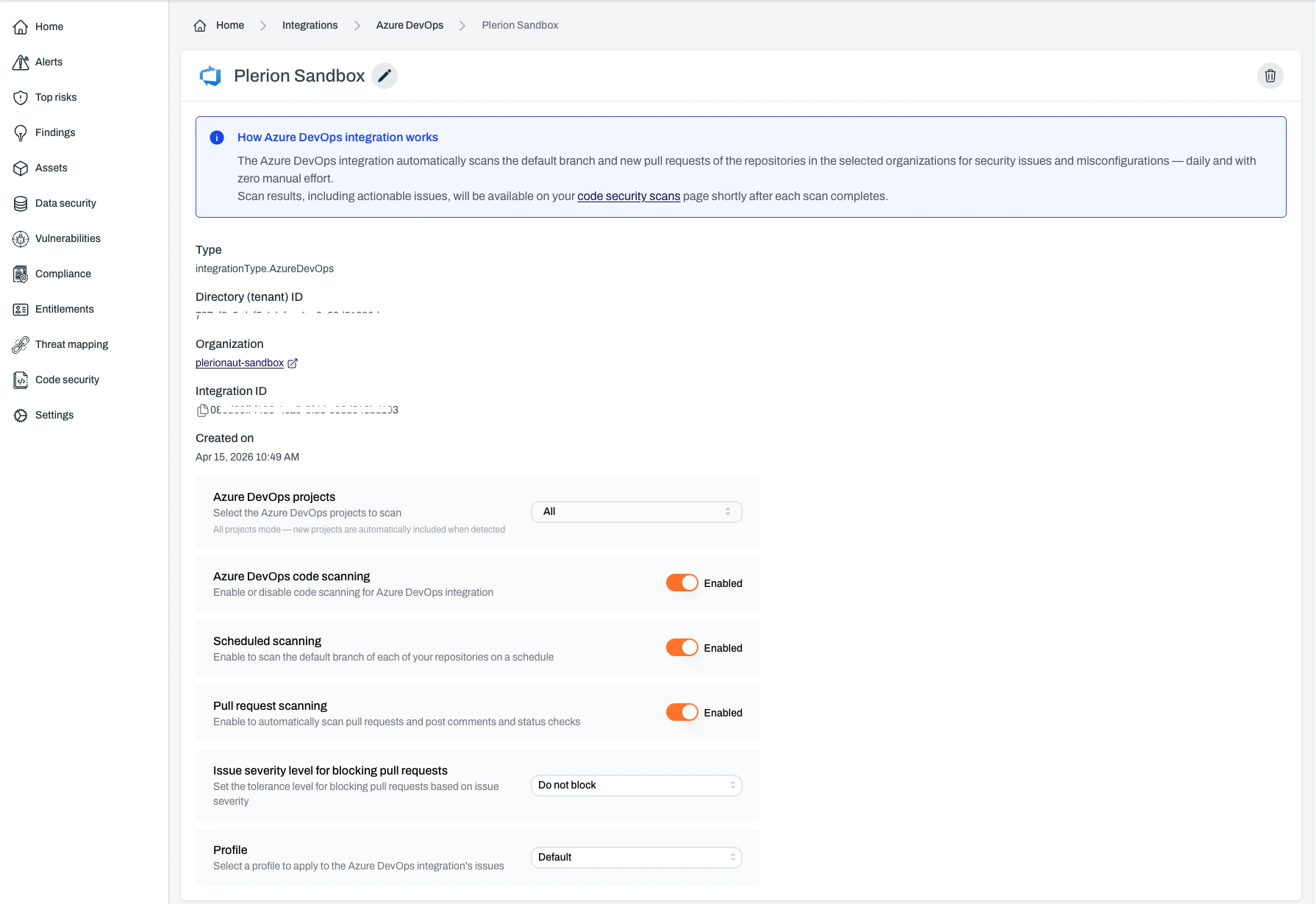 Plerion integration page showing Azure DevOps organization connected