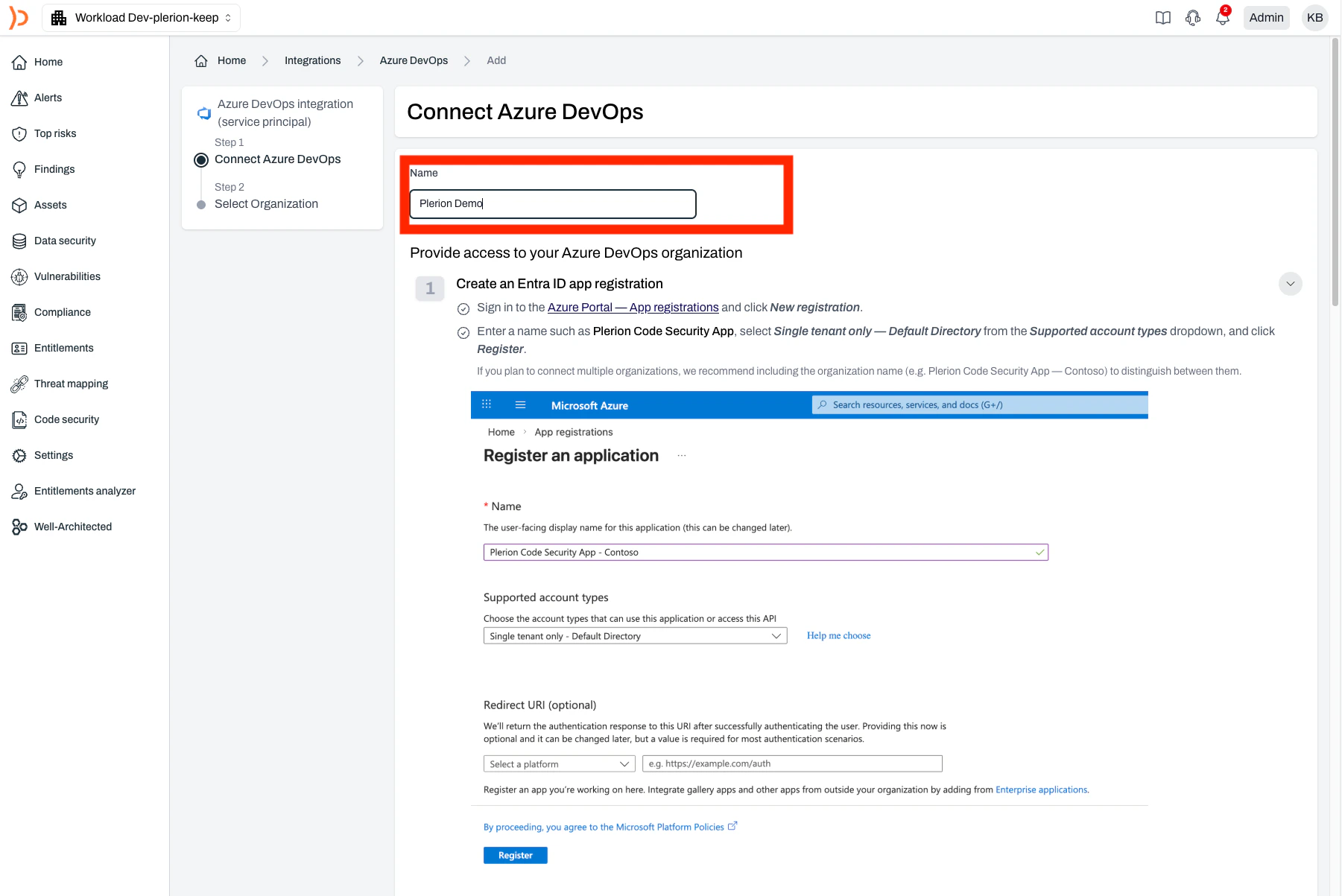 Integration name field in Plerion Azure DevOps setup