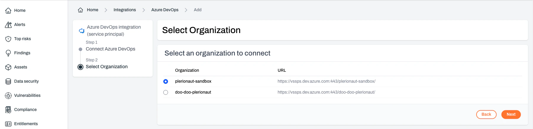 Organization selection screen in Plerion Azure DevOps setup
