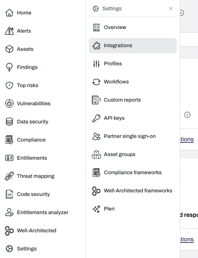 Plerion dashboard showing Settings expanded with Integrations selected