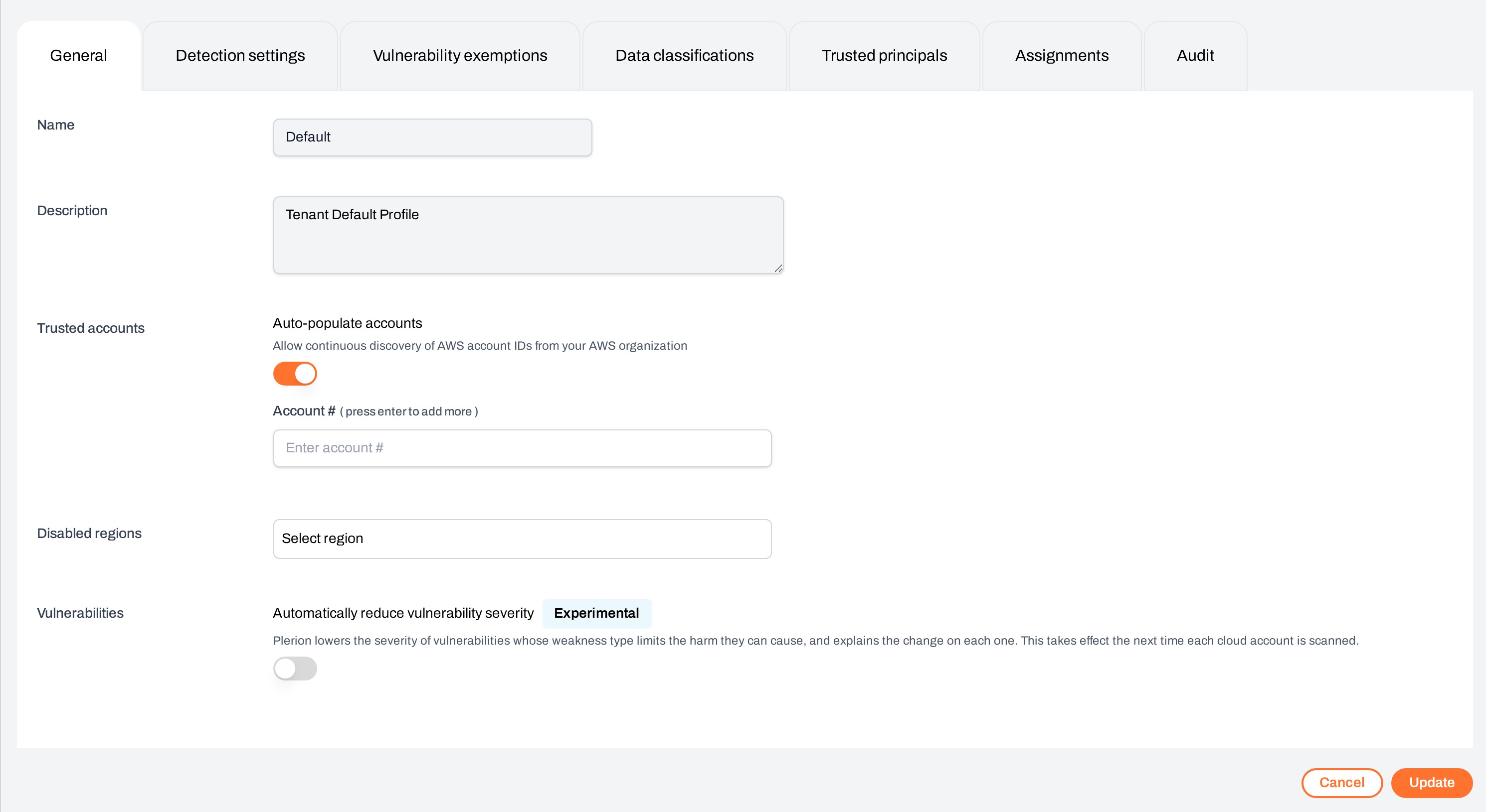 General tab of a profile, with the Vulnerabilities row at the bottom of the settings