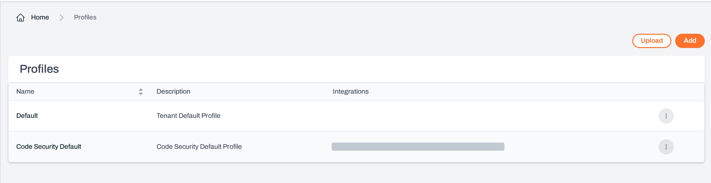 Profiles list under Settings, showing the Default and Code Security Default profiles