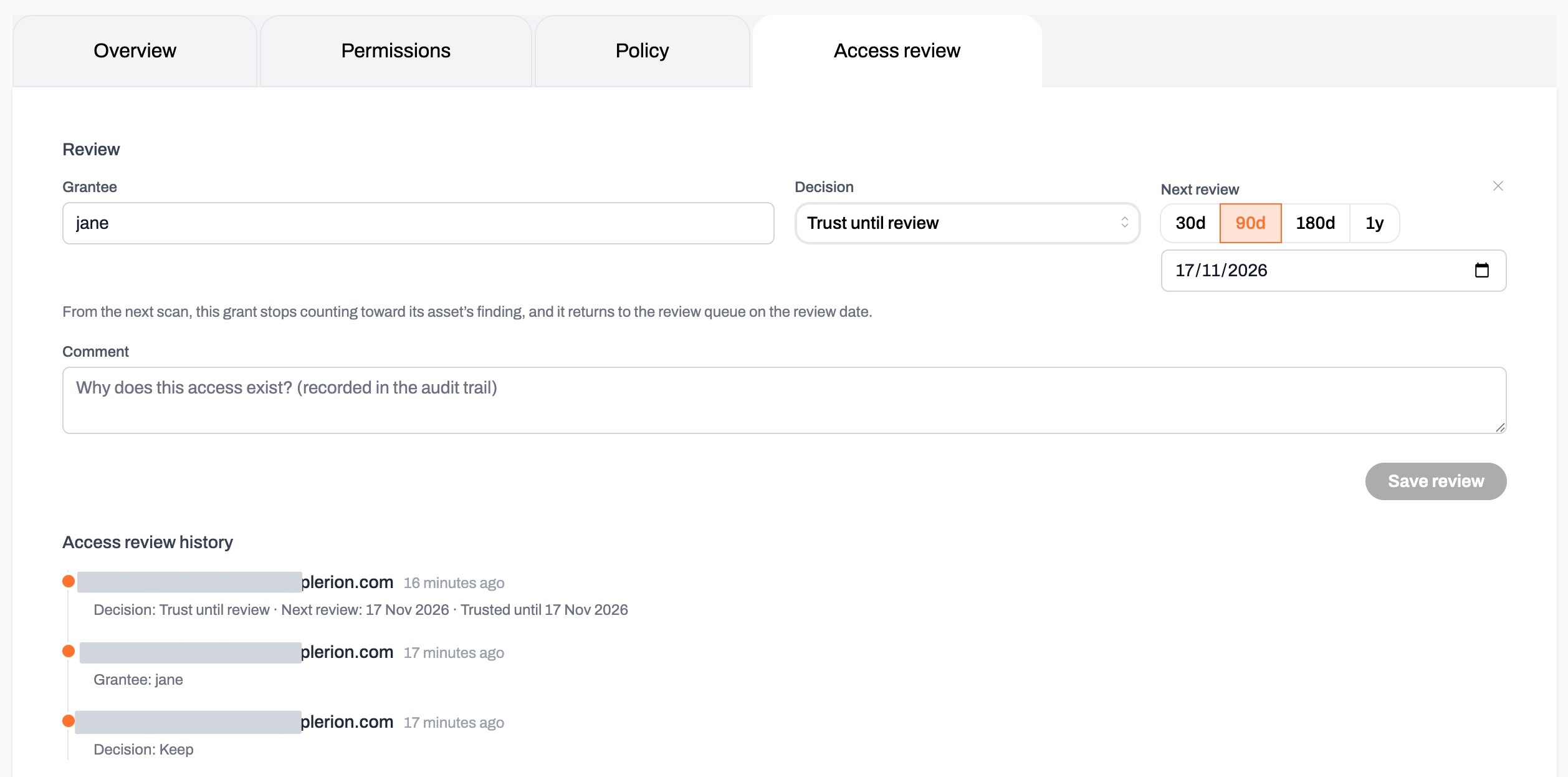 Access review tab on a grant slide-over showing the Grantee, Decision, Next review and Comment fields, the Save review button, and the review history below