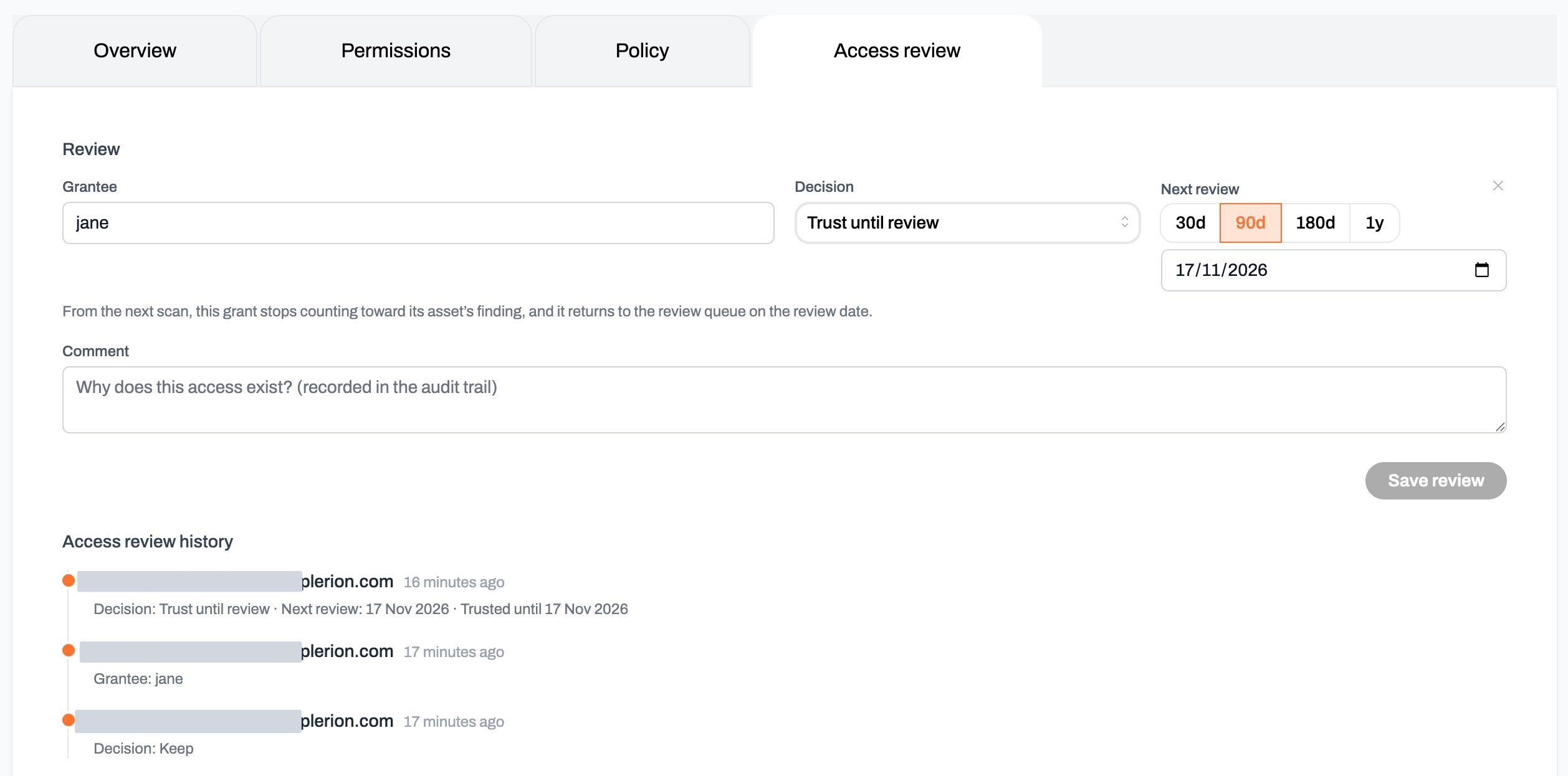 Access review tab on a grant slide-over showing the Grantee, Decision, Next review and Comment fields, the Save review button, and the review history below