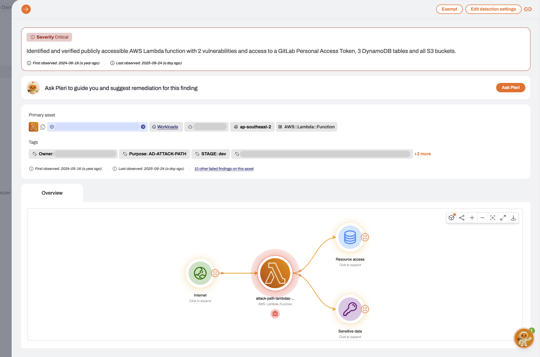 Finding details view showing summary, remediation, asset, tags, and attack path