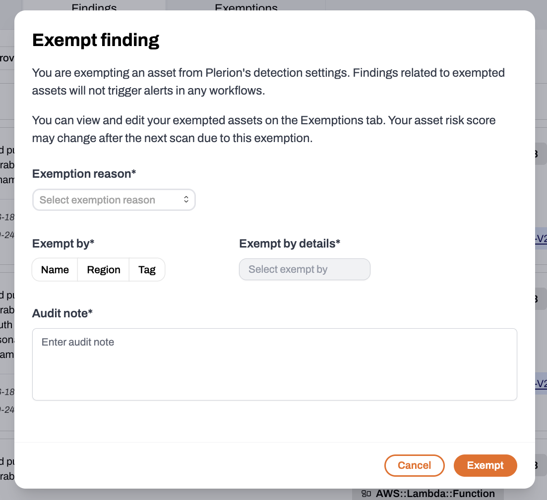 Findings exemption modal