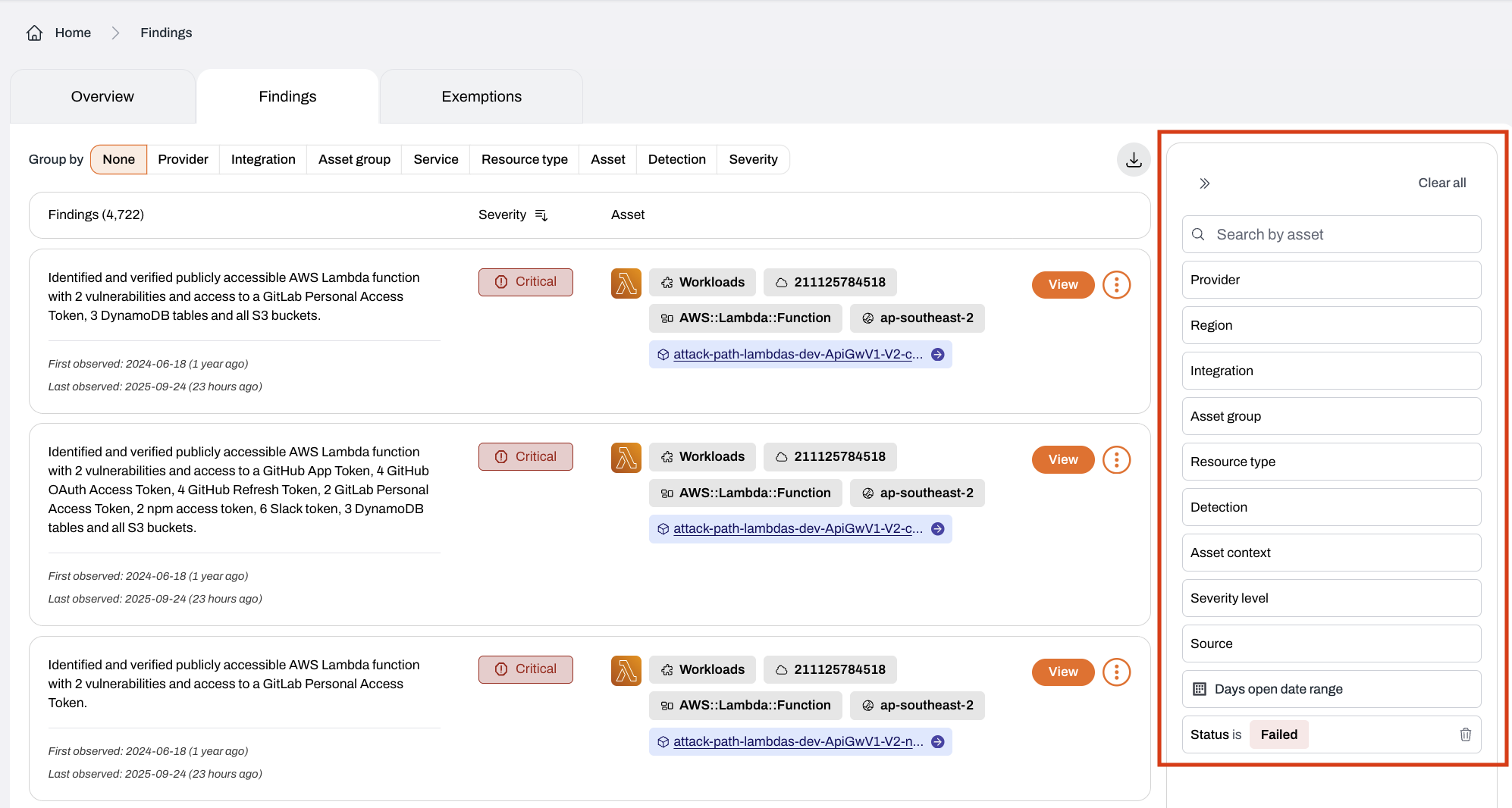 Findings dashboard with filters panel expanded