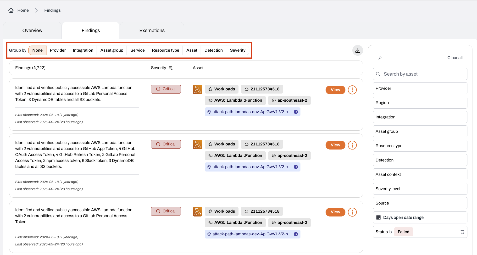 Findings dashboard with group-by options