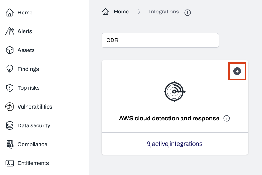 Integrations page with AWS CDR option and plus button to add integration