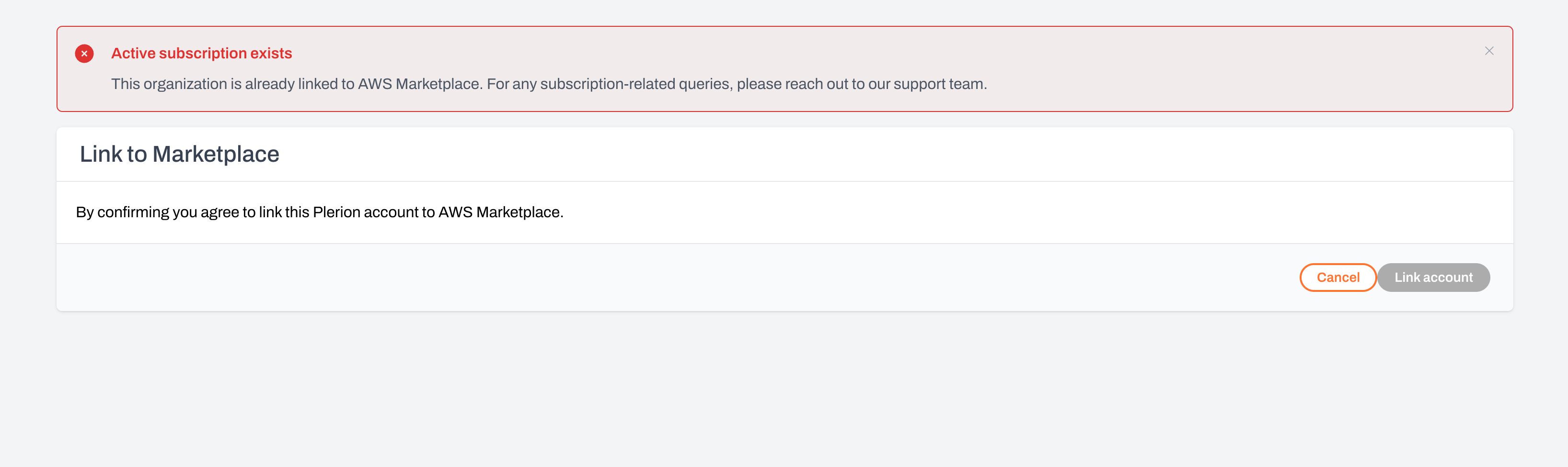 Error showing AWS Marketplace account already linked to another Plerion organization
