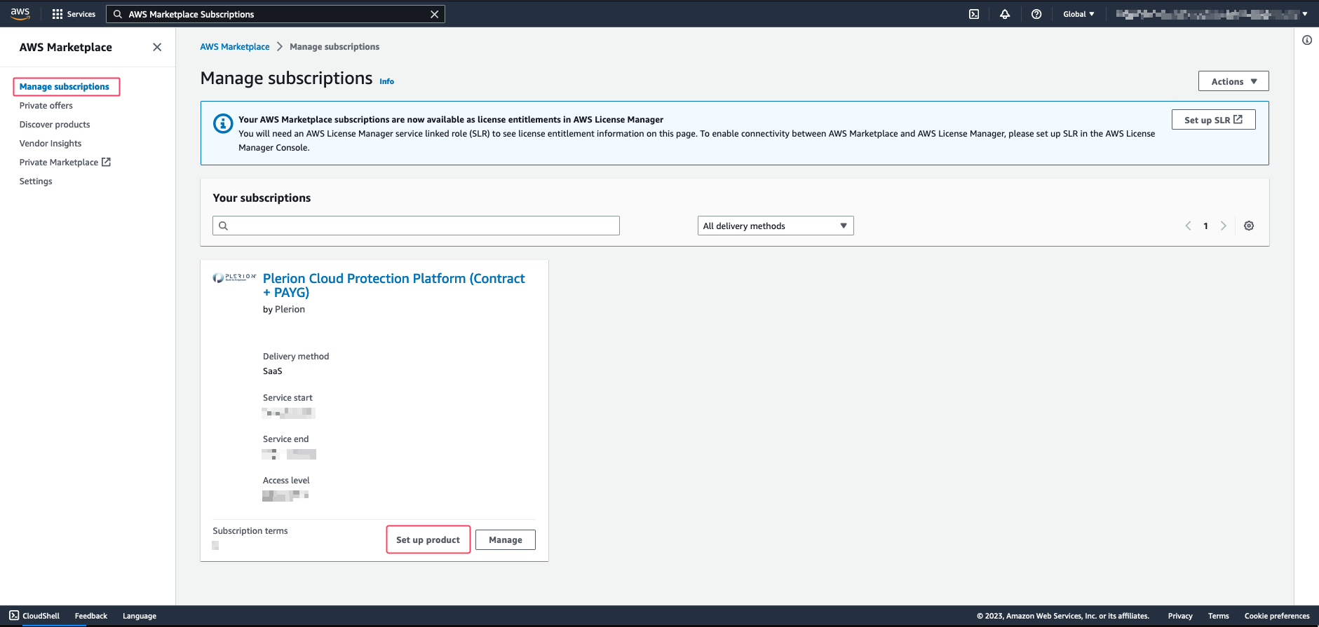 AWS Marketplace Manage Subscriptions tab showing Plerion subscription