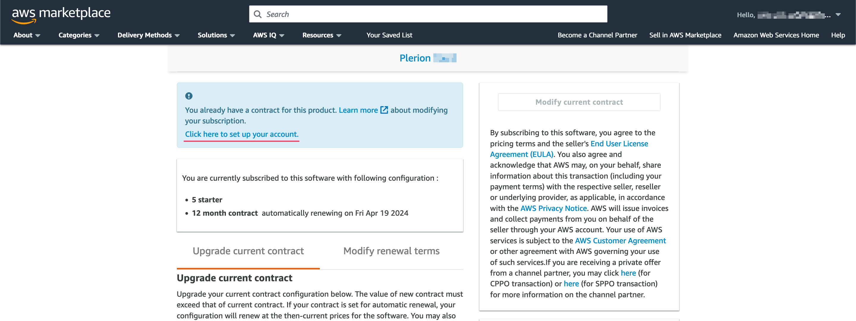 AWS Marketplace product setup console with link to Plerion setup