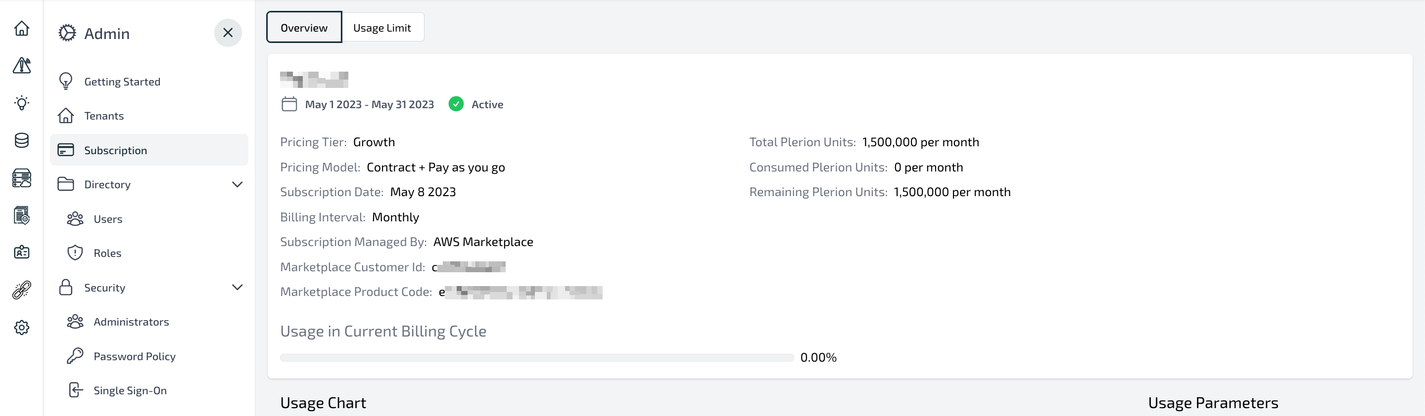 Plerion subscription page showing successful AWS Marketplace link