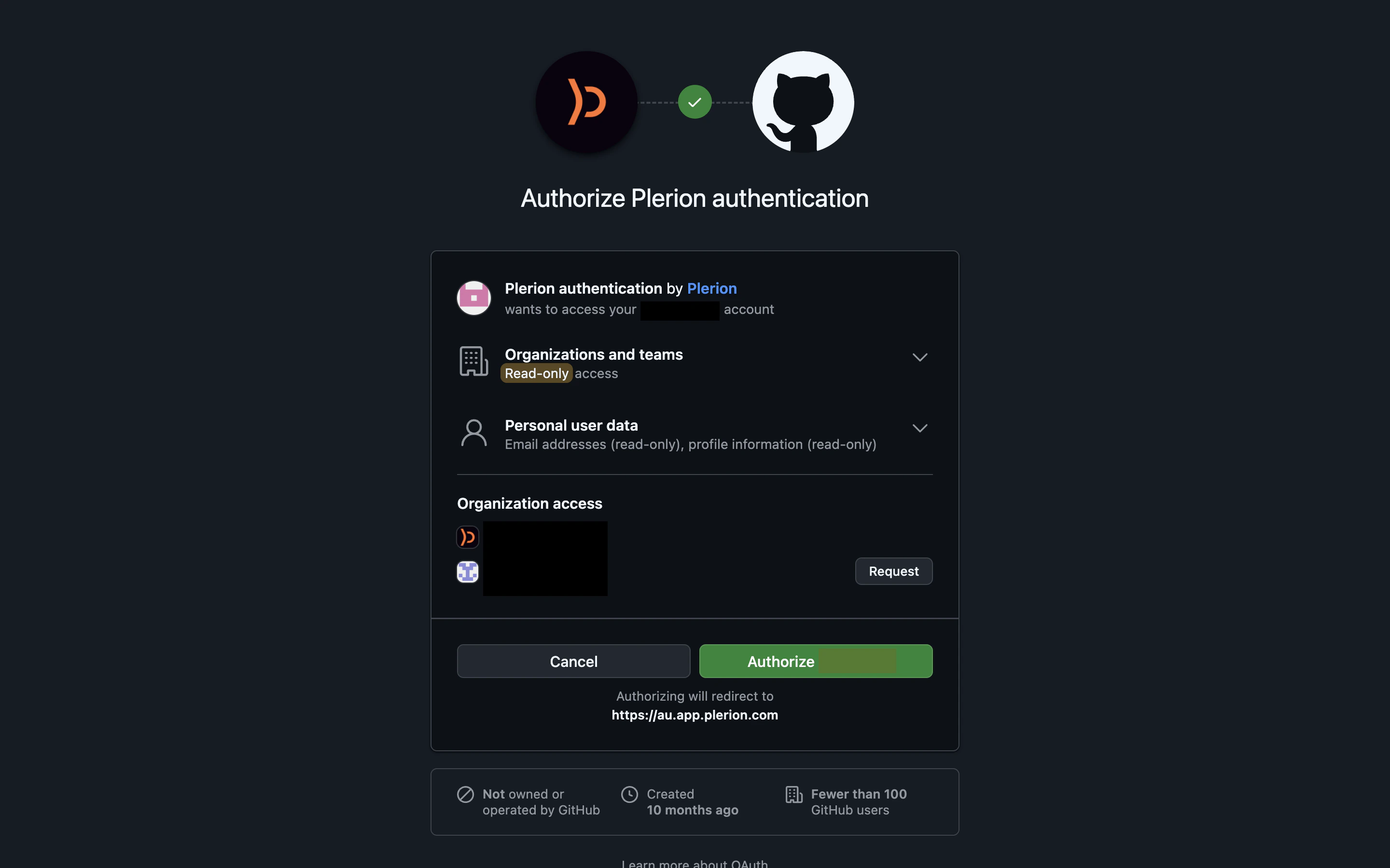 GitHub OAuth authorization page showing Plerion authentication permissions and organization access