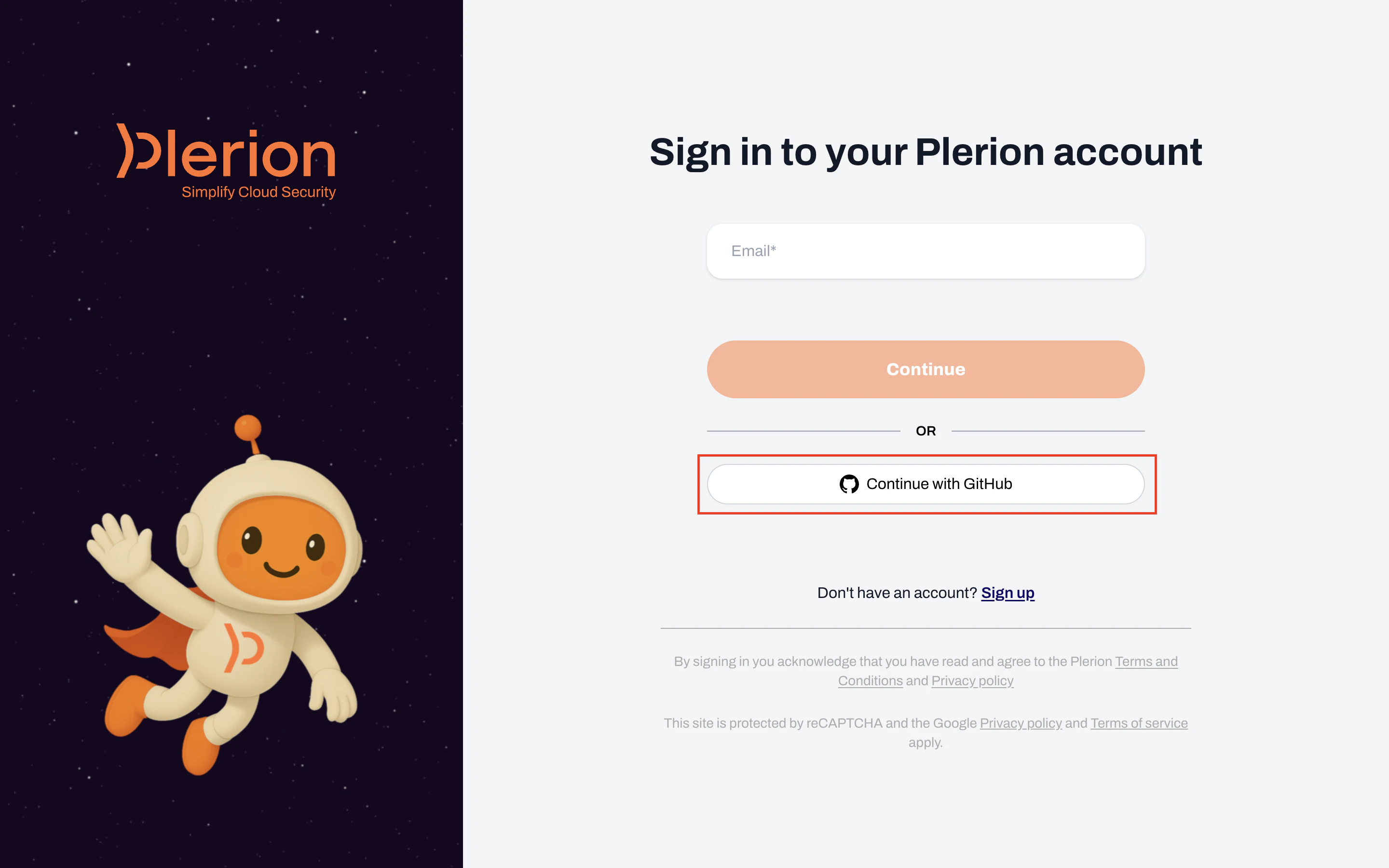Plerion login page with GitHub SSO button