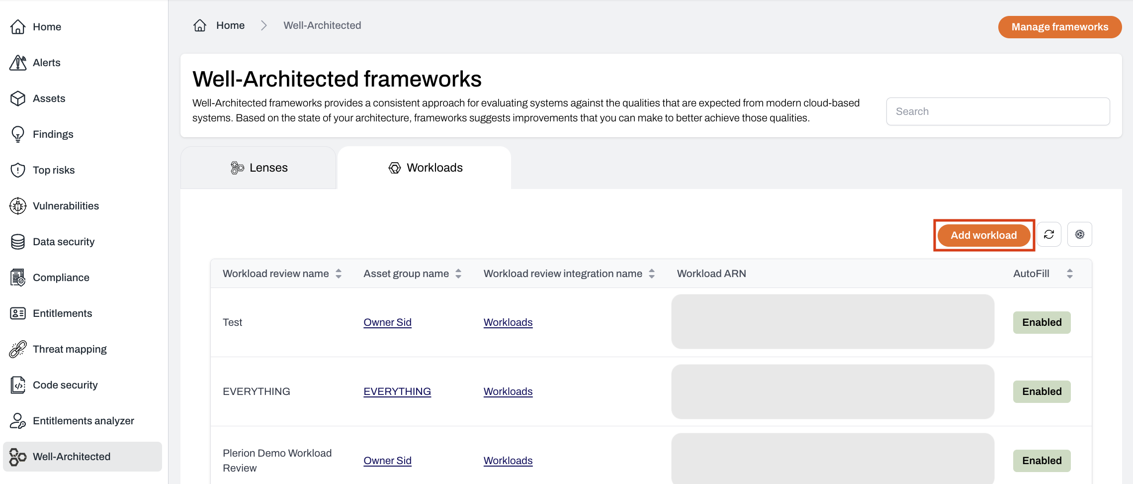 Well-Architected workload page with Add workload button