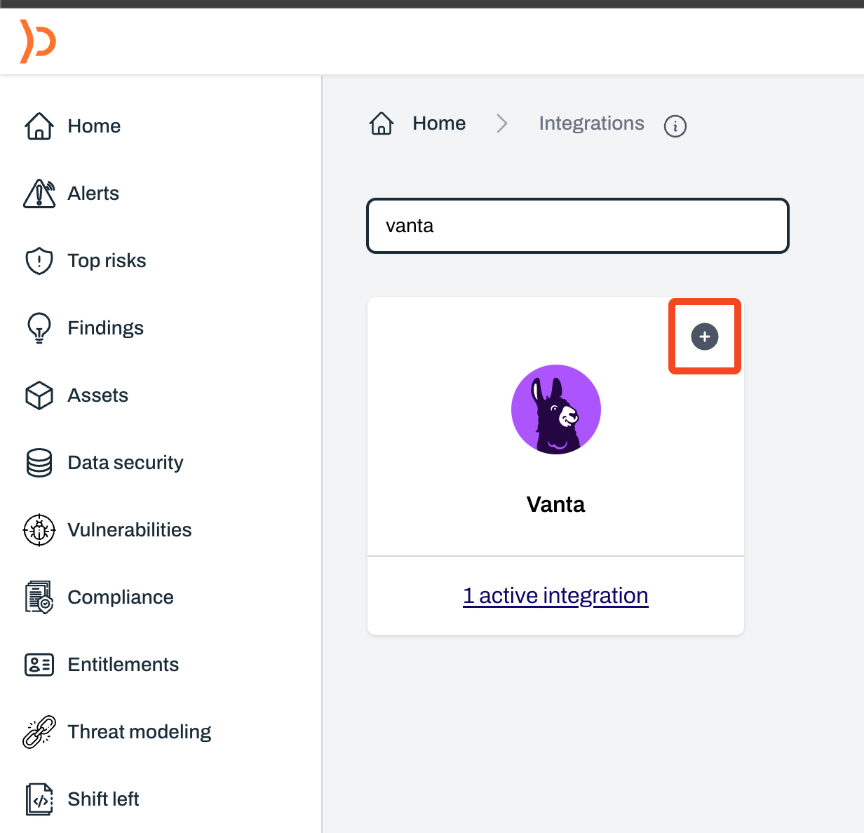 Integrations page with Vanta option and plus button to add integration