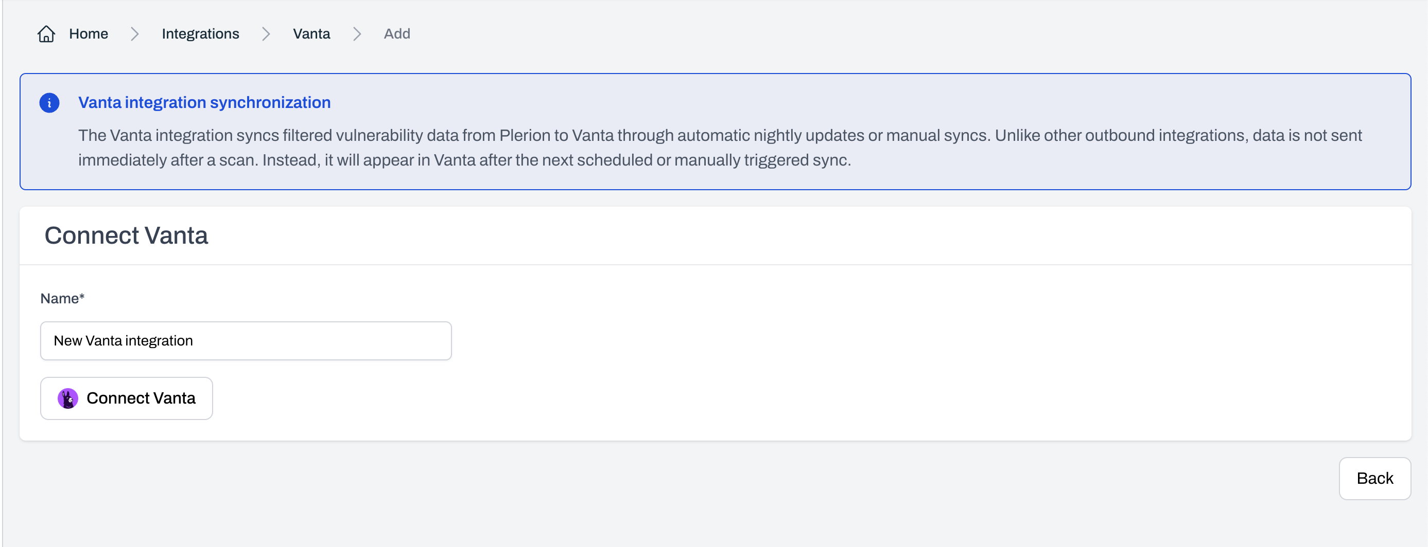 Connect Vanta page showing fields for integration name and Connect Vanta button