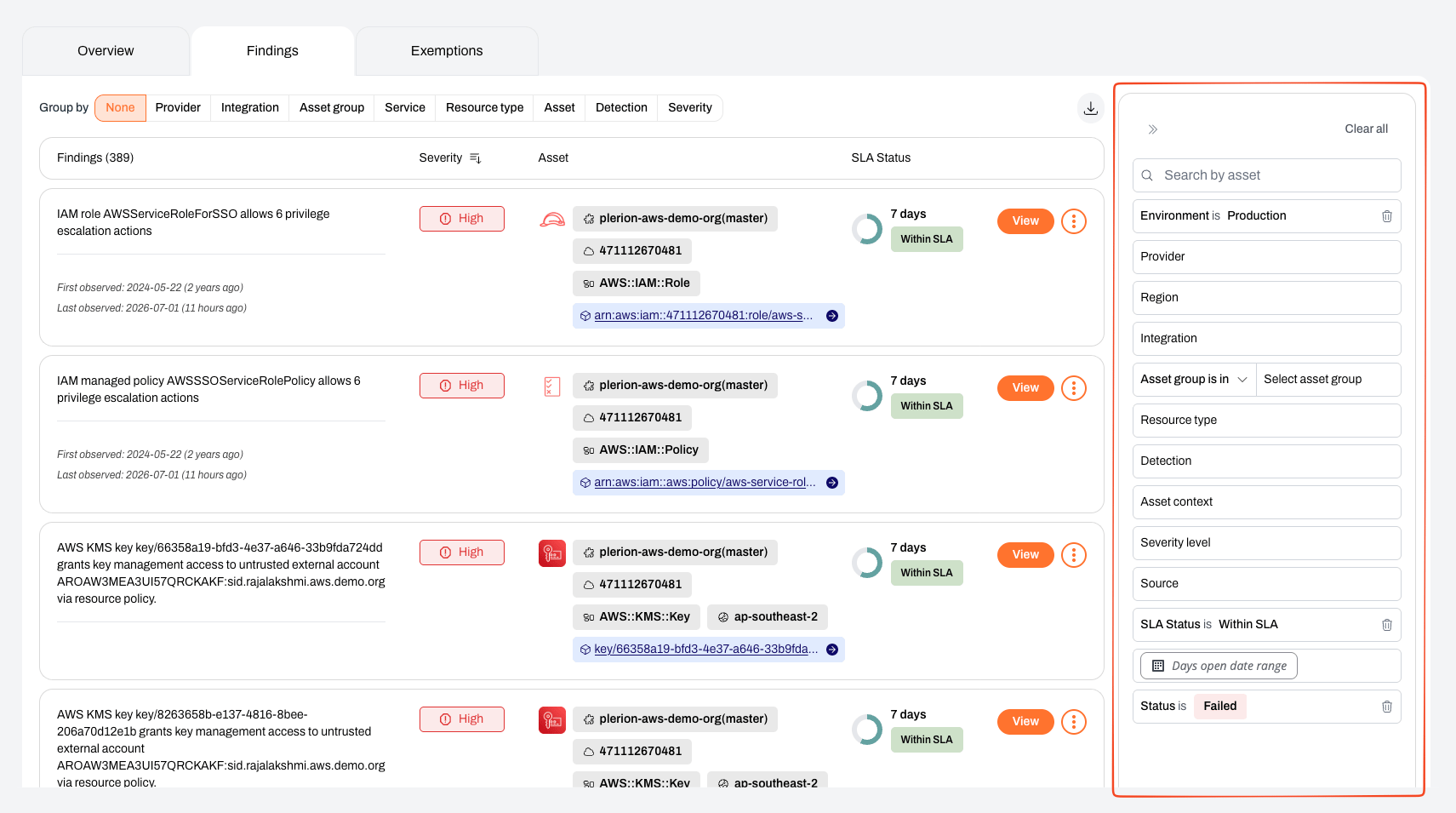 Findings dashboard with filters panel expanded