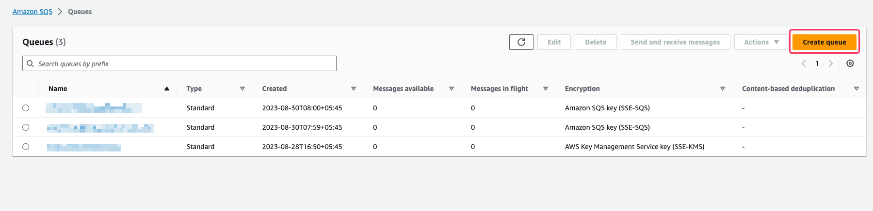 Amazon SQS console showing new queue setup
