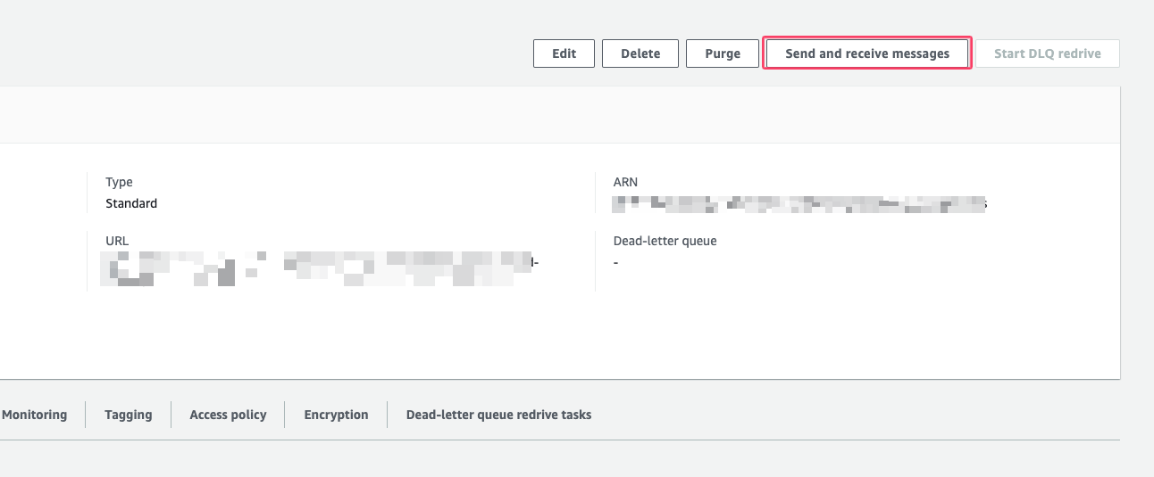 Amazon SQS console showing queue selected