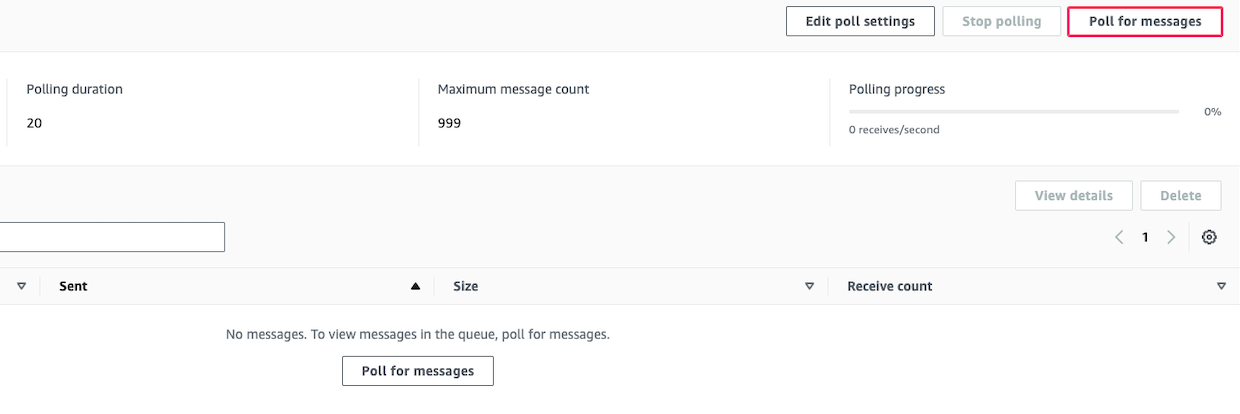 Amazon SQS console showing Poll for messages option