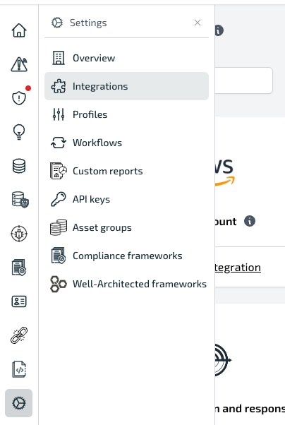 Plerion dashboard with Settings expanded and Integrations selected