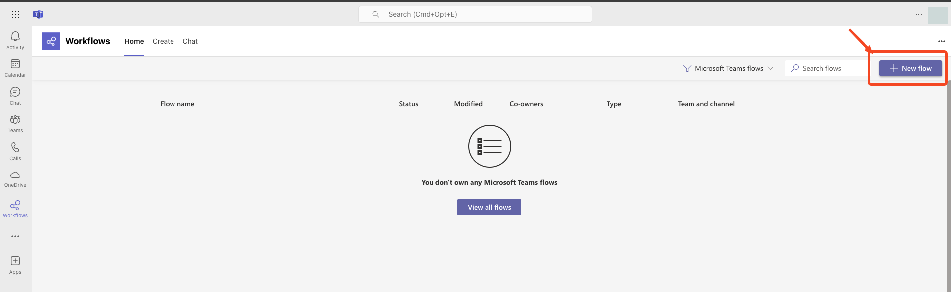 Microsoft Teams Workflows page with New flow option
