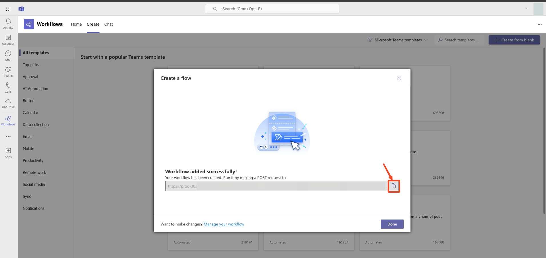 Microsoft Teams webhook creation dialog showing webhook URL
