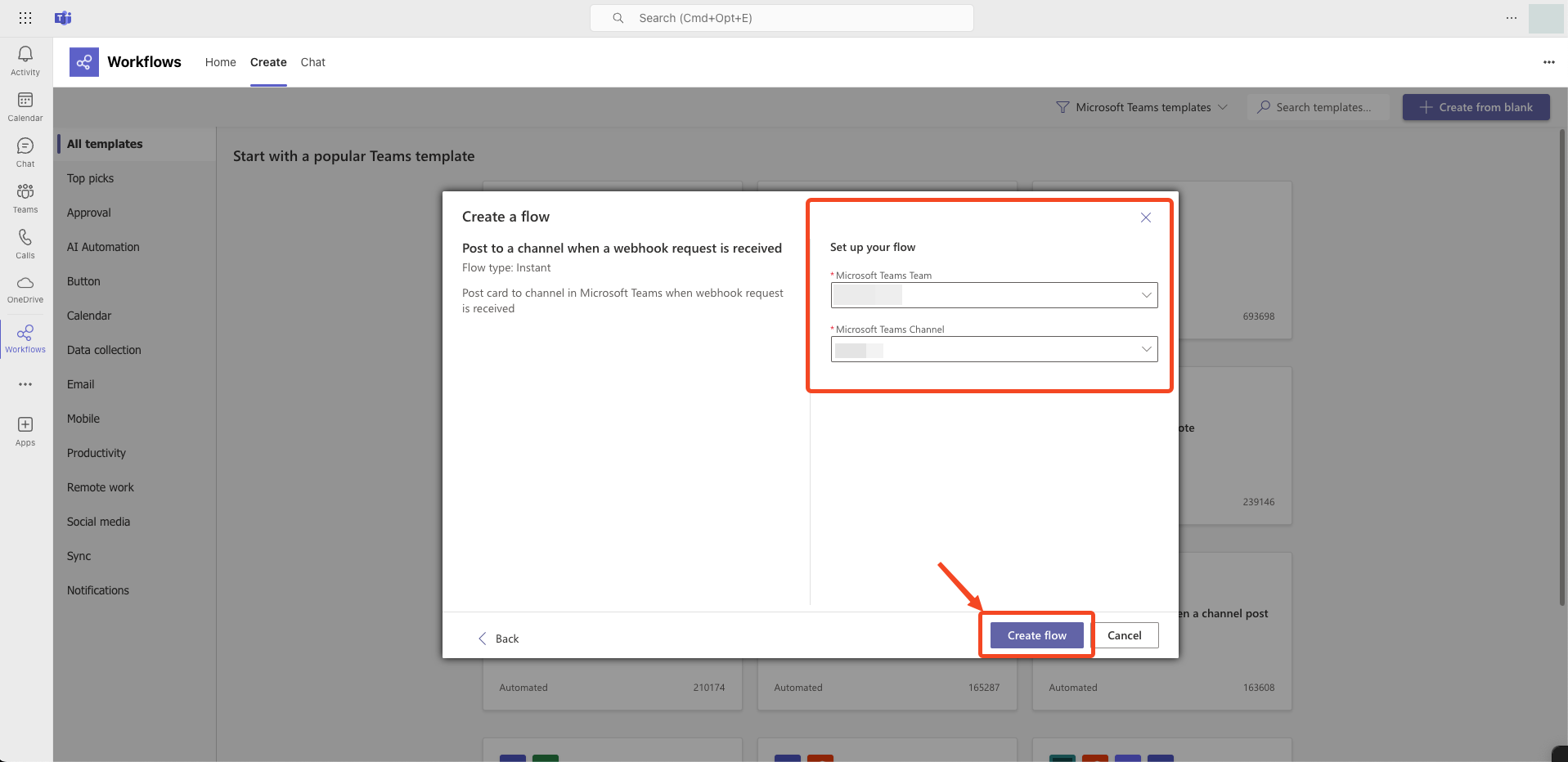 Microsoft Teams flow setup with team and channel selection