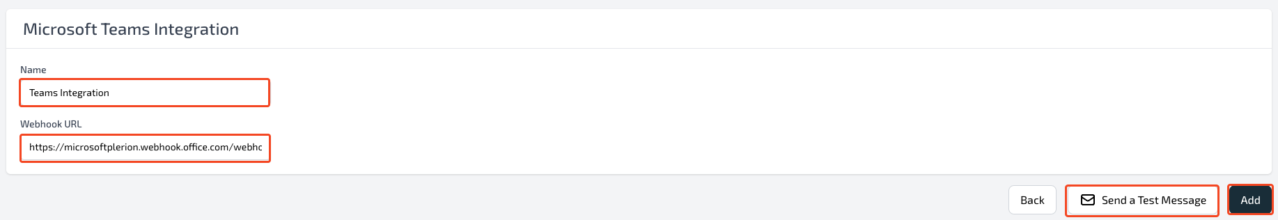 Connect Microsoft Teams page showing fields for Integration name and Webhook URL