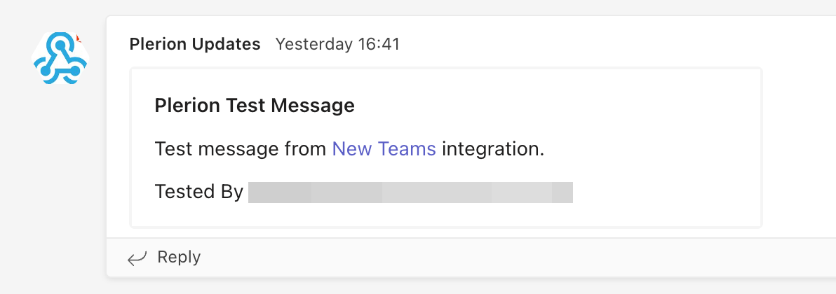 Microsoft Teams channel showing a test alert message from Plerion