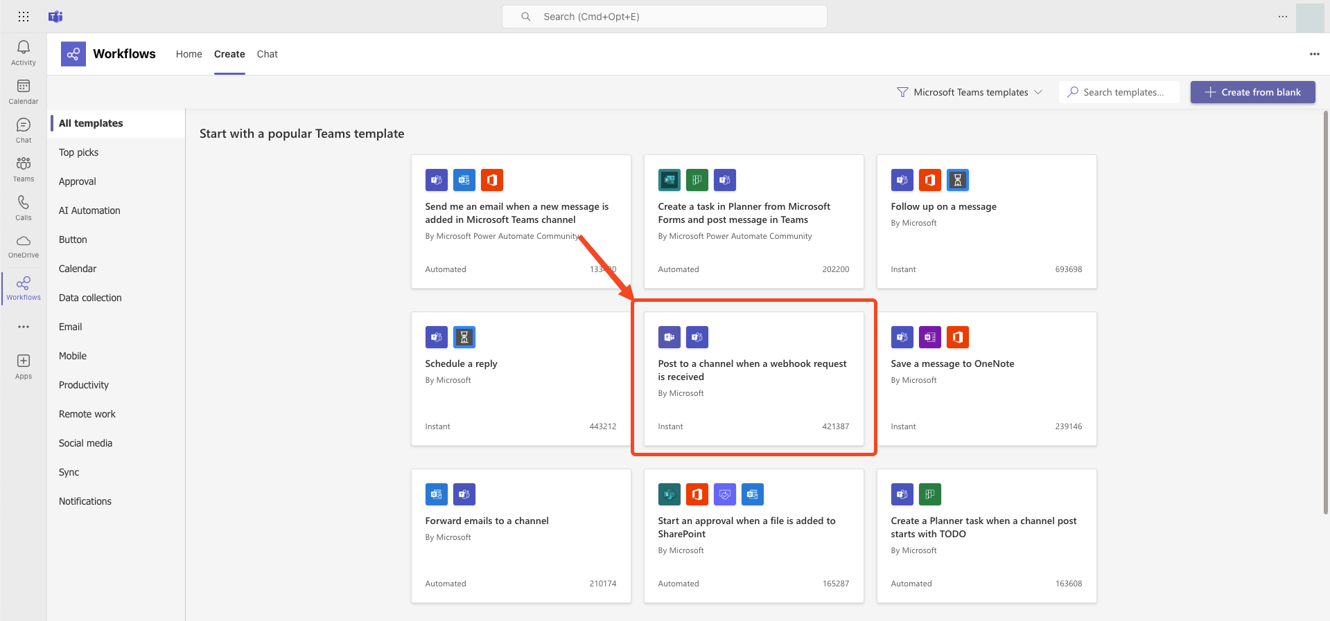 Microsoft Teams workflow templates showing webhook option