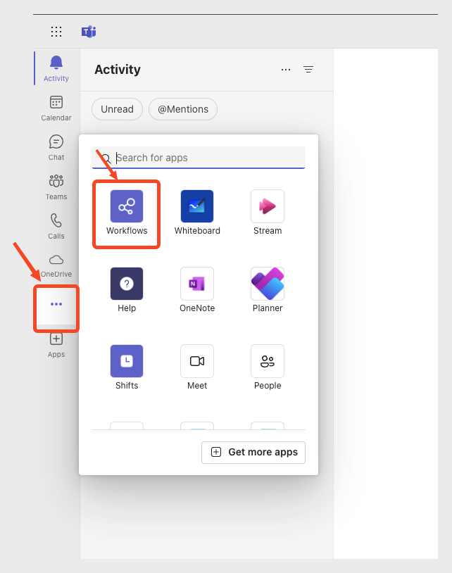 Microsoft Teams navigation with Workflows option highlighted