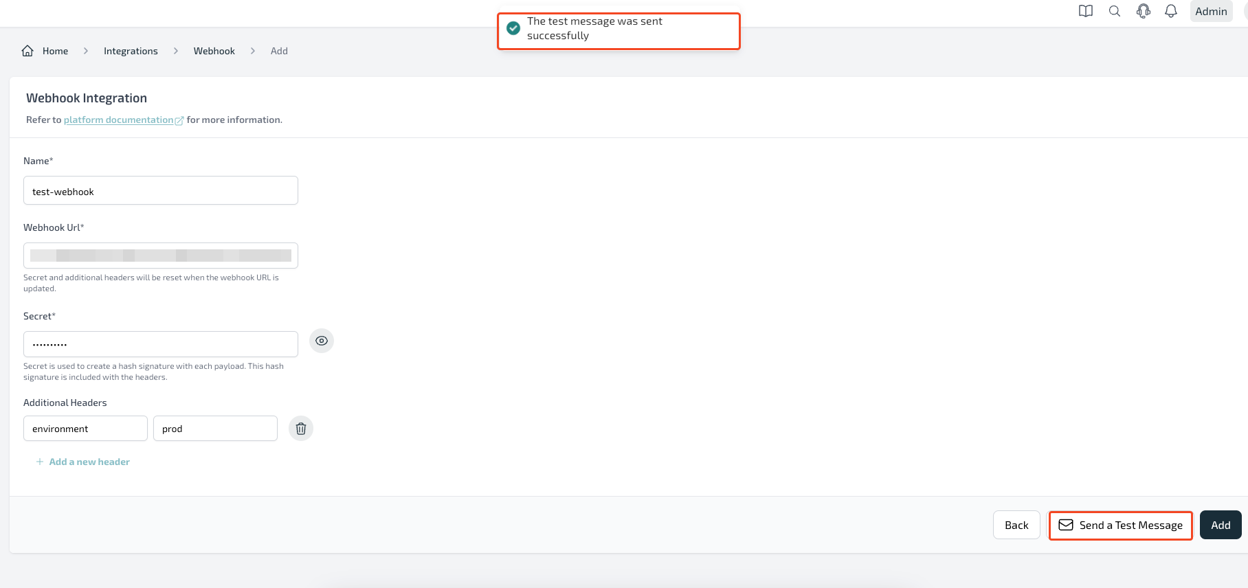 Connect Webhook page showing fields for Integration name, URL, Secret, and Headers