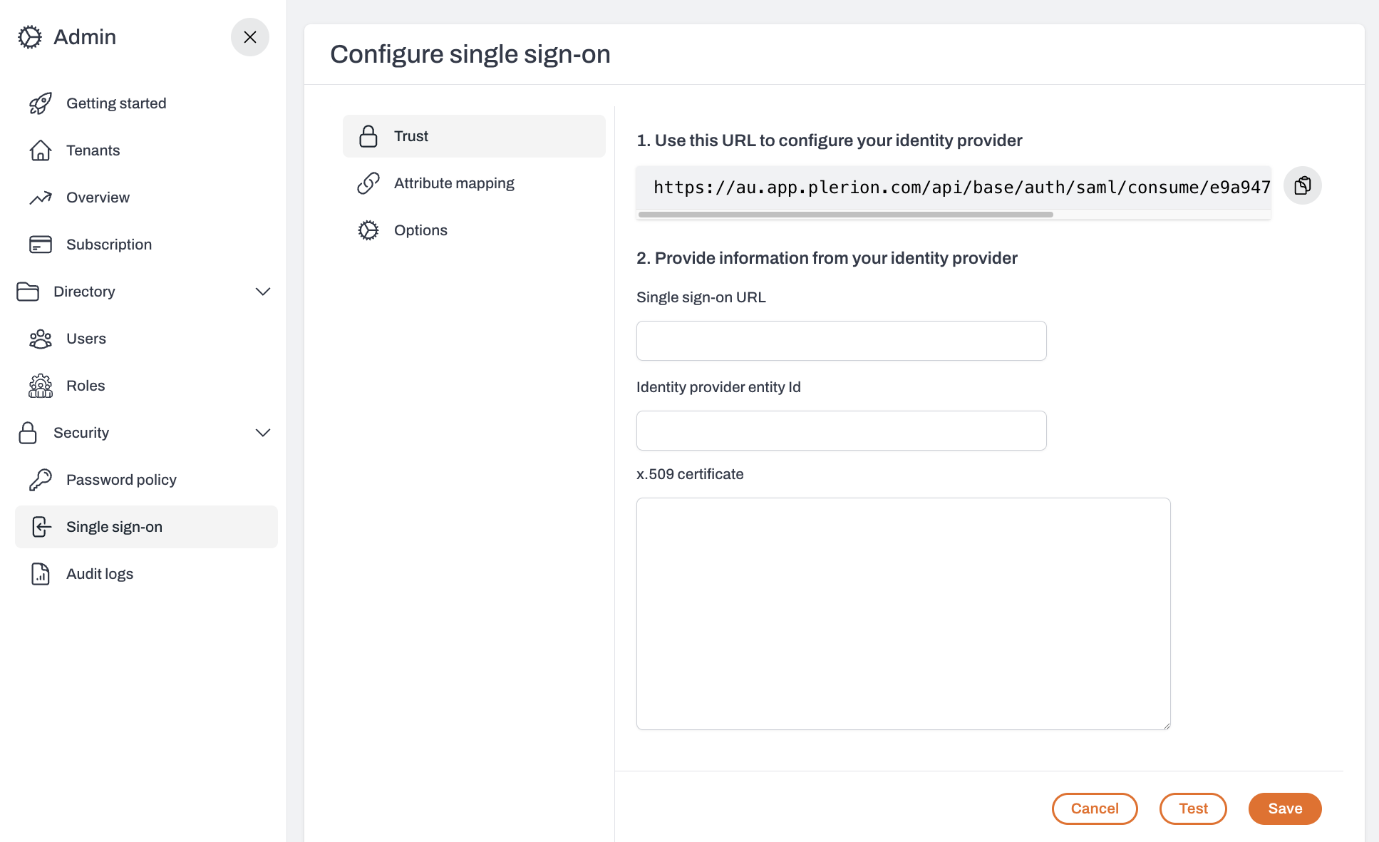 Configure trust in Plerion for SSO