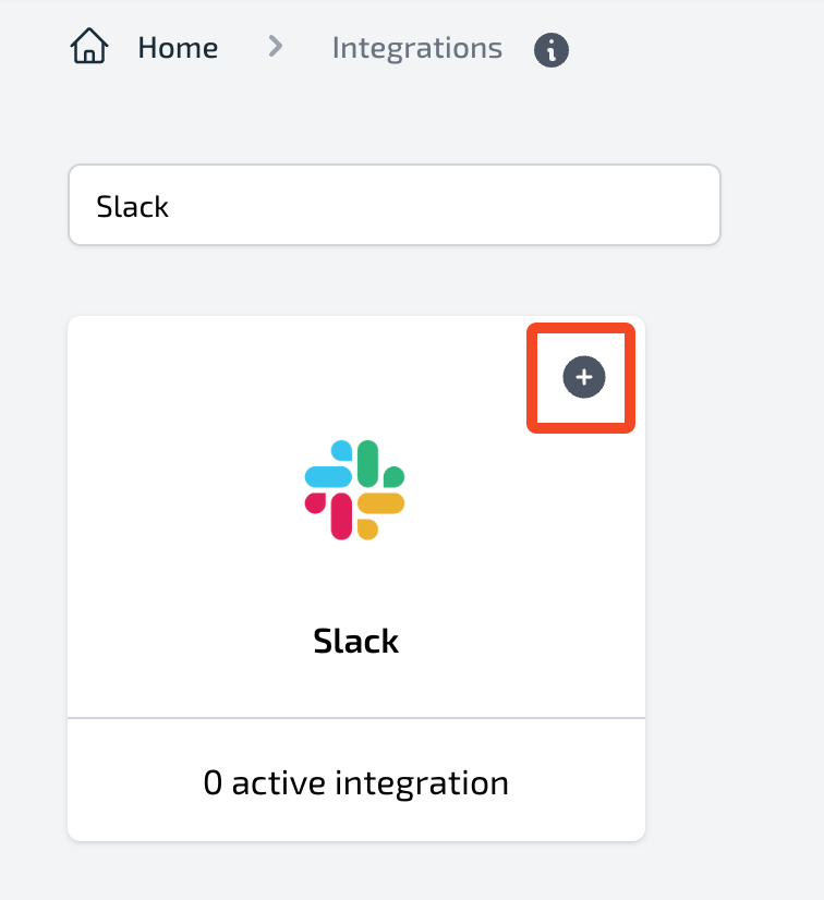 Plerion Integrations page showing the Slack tile with a plus button to add the integration