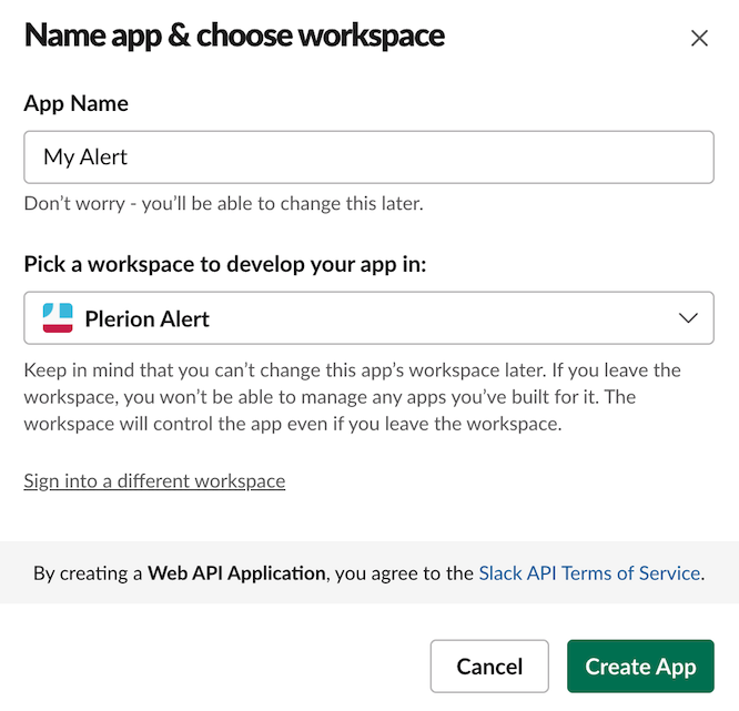 Slack create app screen with fields for App Name and Workspace selection