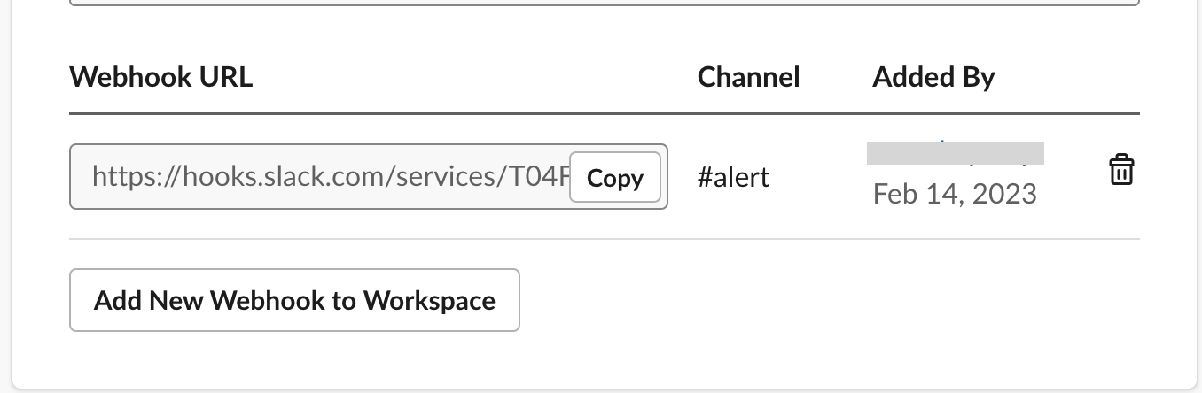 Slack Incoming Webhooks page showing a generated Webhook URL and Copy button