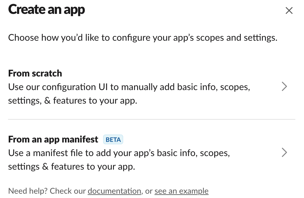 Slack API portal showing the Create New App entry point