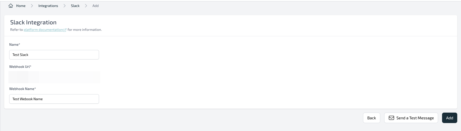 Plerion Slack connection form with fields for Integration name, Webhook URL, Webhook name, and a Send test message button