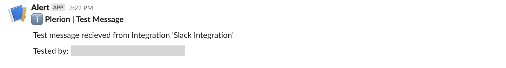 Slack channel view showing a test message posted from the Plerion integration